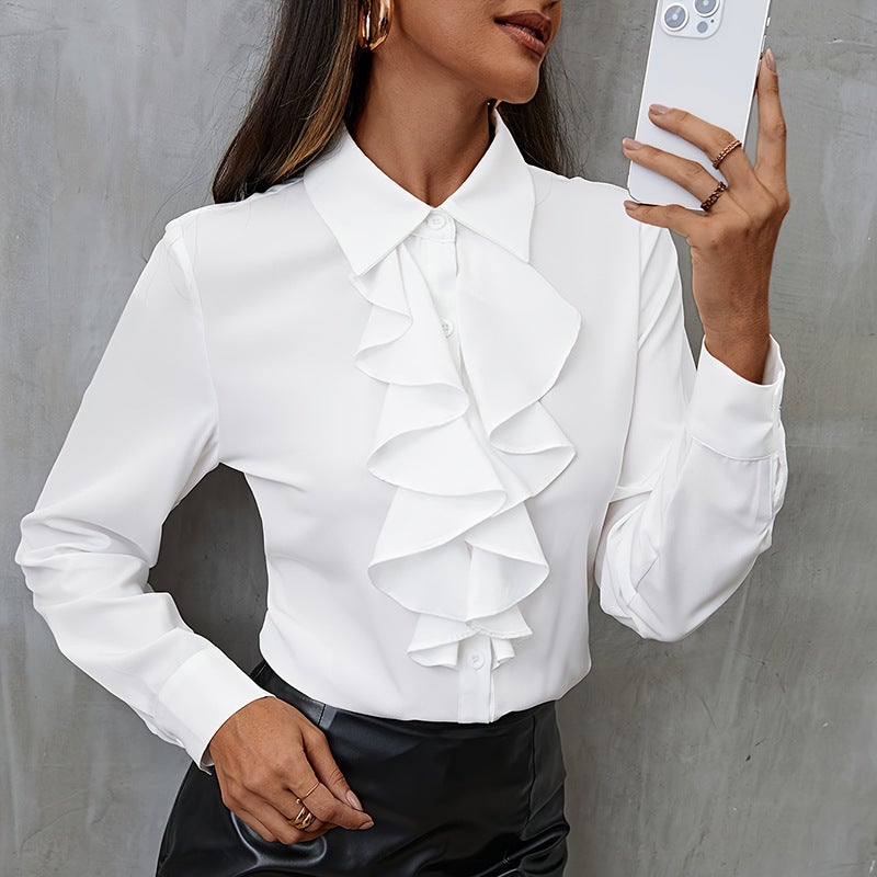 New Womens Loose Chiffon Shirt Long Sleeve White Business Fashion Top Elegant Lotus Leaf Edge Design Quality Assurance Purple  - Image 2
