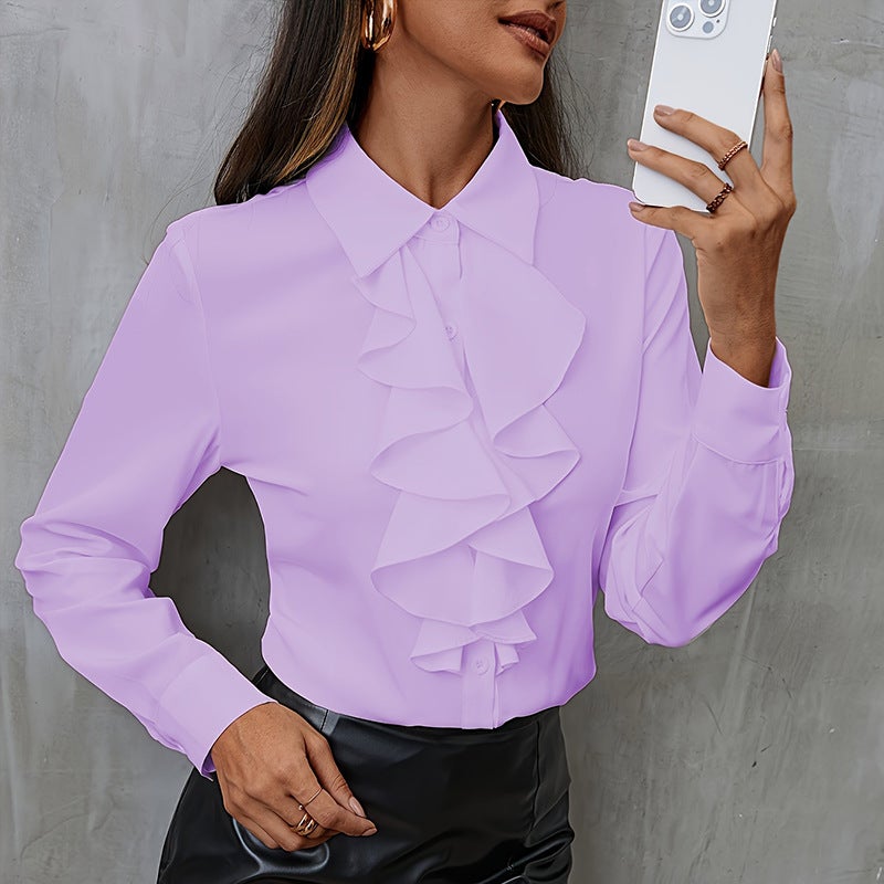 New Womens Loose Chiffon Shirt Long Sleeve White Business Fashion Top Elegant Lotus Leaf Edge Design Quality Assurance Purple  - Image 1