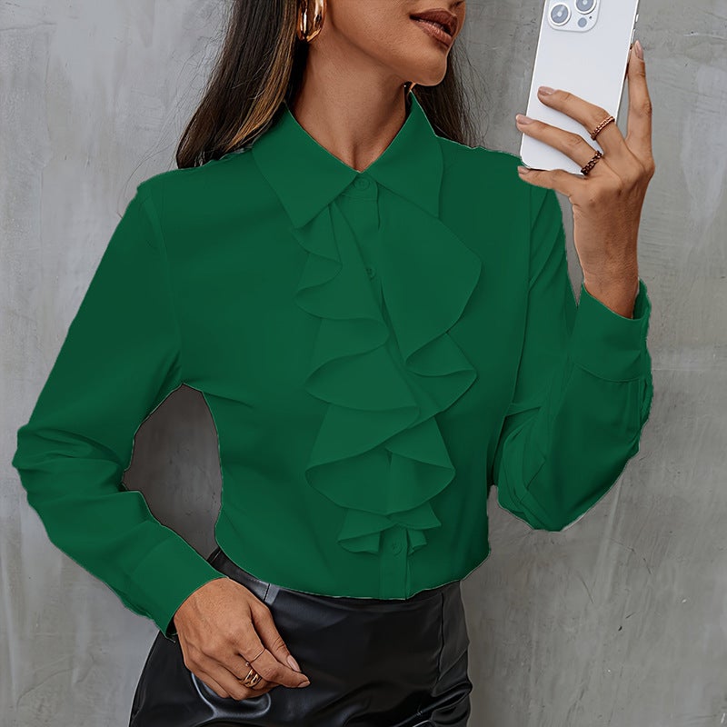New Womens Loose Chiffon Shirt Long Sleeve White Business Fashion Top Elegant Lotus Leaf Edge Design Quality Assurance Purple  - Image 4