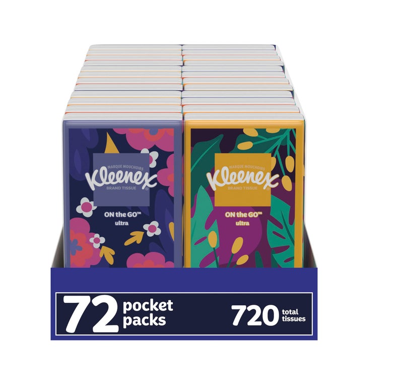 Kleenex On-The-Go Facial Tissues, 72 On-The-Go Packs (3 Trays of 24 Packs), 10 Tissues per Box (720 Total Tissues), 3-Ply, Packaging May Vary - Image 1