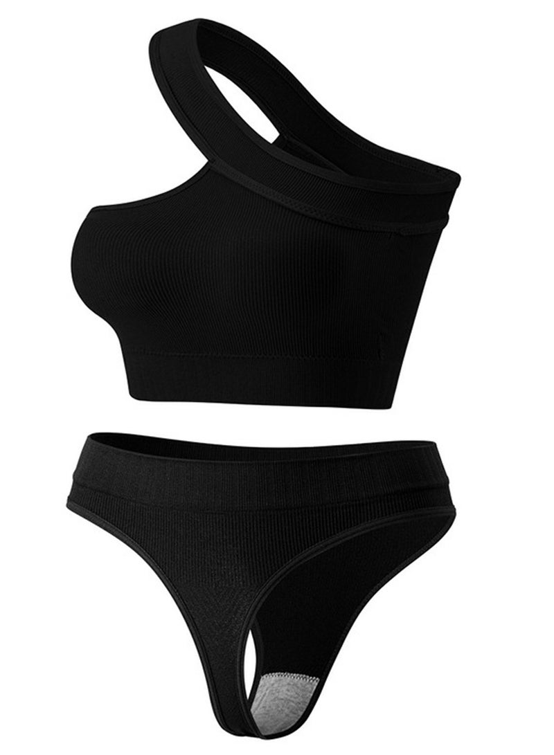 Loquat Women's Solid Color Sport Fitness Lingerie Set 2-piece Seamless Wireless Slanted Shoulders Vest+Low Waist Briefs Sport Suit Black  - Image 1