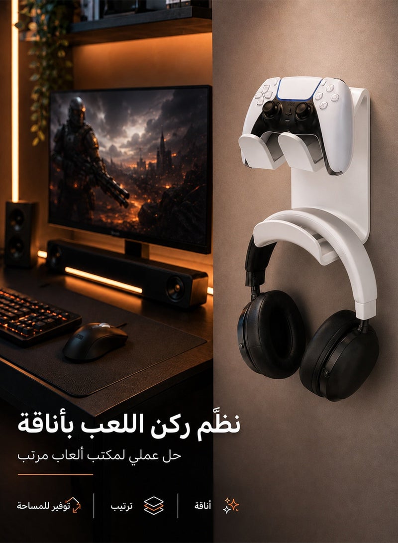 DGSENPI 2-in-1 Wall Mount Controller and Headphone Holder, No-Drill Gaming Organizer with Strong Adhesive, Universal Gamepad Stand for PS5, Xbox, Switch Pro Controllers and Gaming Headsets, White - Image 3