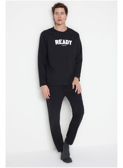 Men's Black Regular Fit Printed Knitted Pajamas Set