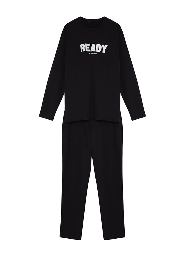 trendyol - Men's Black Regular Fit Printed Knitted Pajamas Set - Image 1