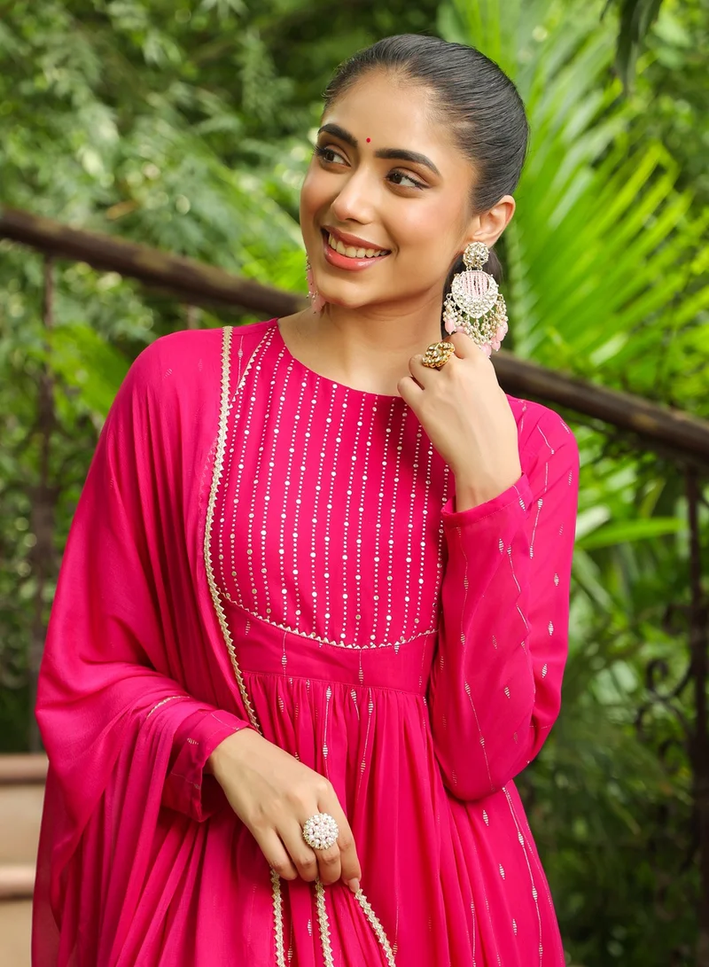 kolaba Pink Weightless Georgette Foil Printed Kurta 3Pc Set