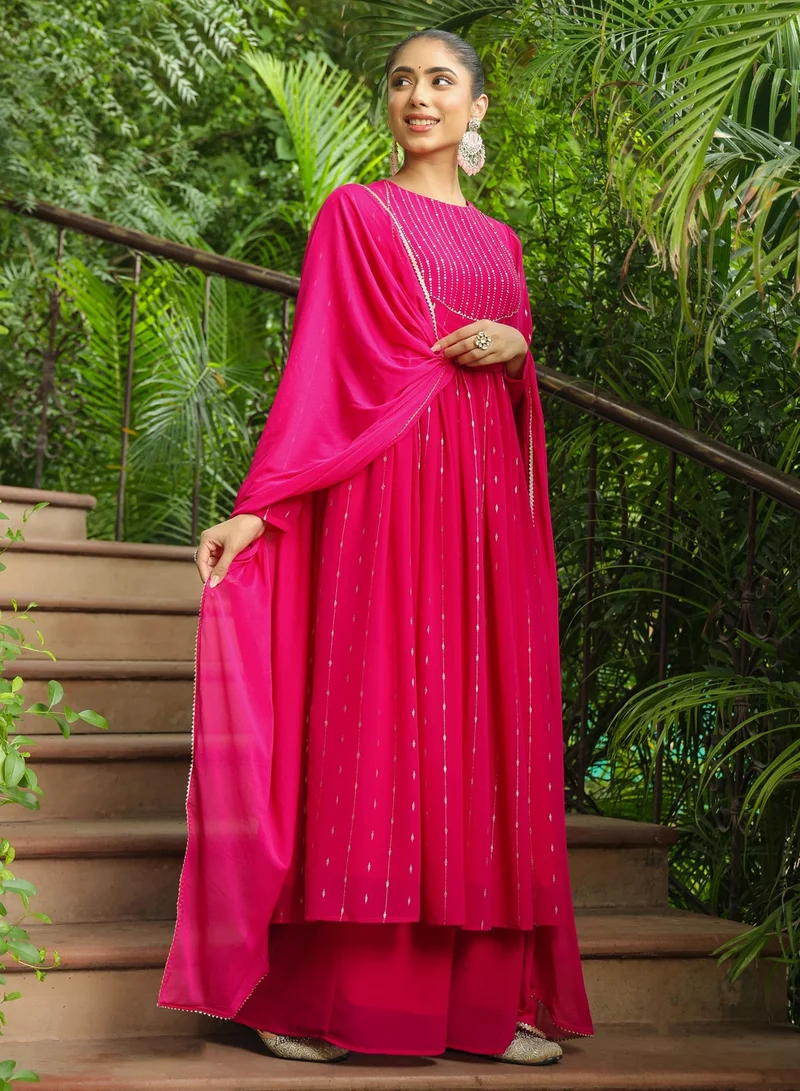 kolaba Pink Weightless Georgette Foil Printed Kurta 3Pc Set