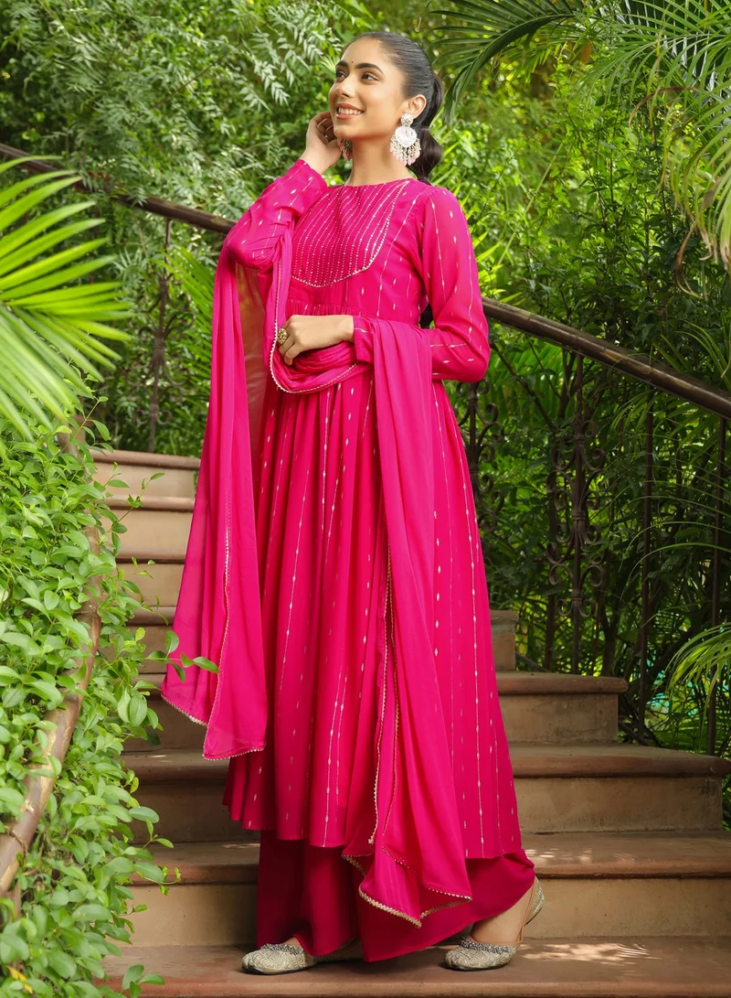 kolaba Pink Weightless Georgette Foil Printed Kurta 3Pc Set
