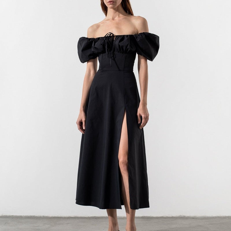2025 Summer European American Fashion High Waist Solid Color Puff Sleeve Off Shoulder Dress - Image 1