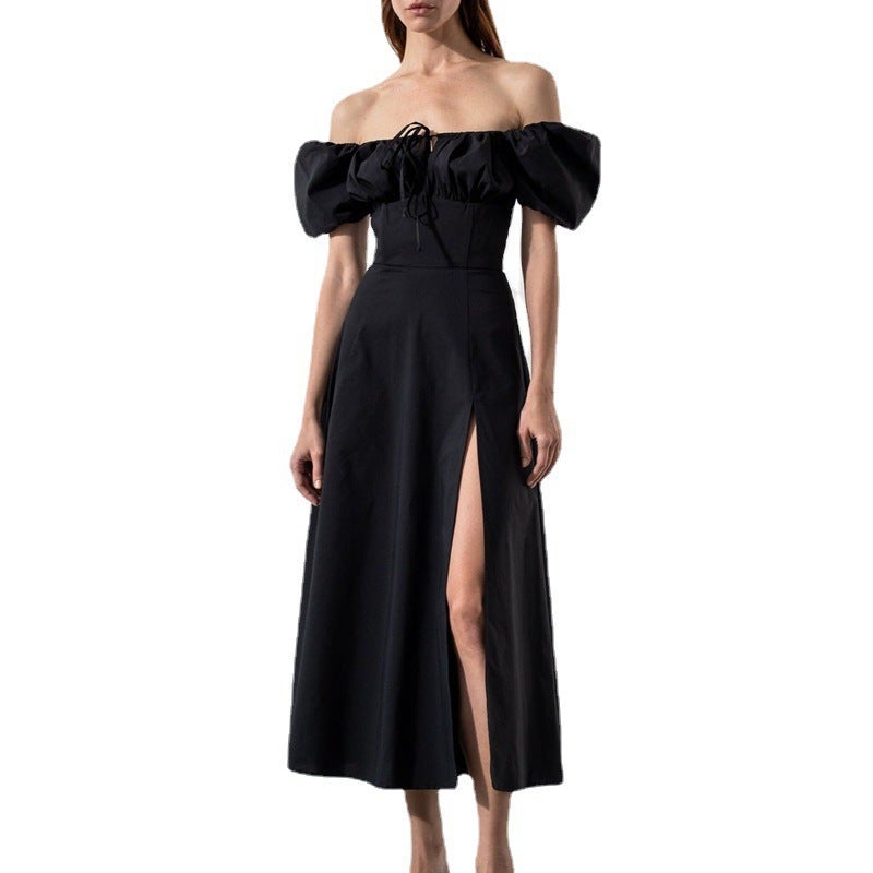 2025 Summer European American Fashion High Waist Solid Color Puff Sleeve Off Shoulder Dress - Image 5