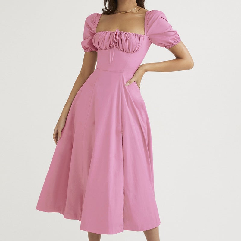 2025 Summer European American Fashion High Waist Solid Color Puff Sleeve Off Shoulder Dress - Image 4
