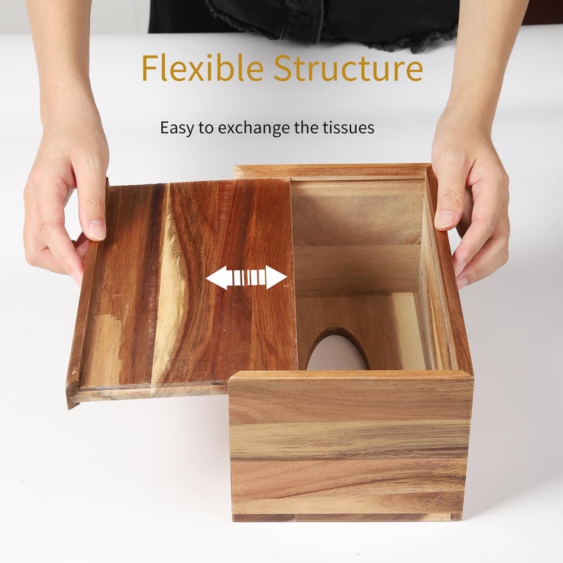CATORY Tissue Box Cover, Acacia Wood Tissue Box Cover Rectangle, Tissue Box Holder Rectangular Covers Your Tissues, Decorative Tissue Box Cover with Slide-Out Bottom - Image 3