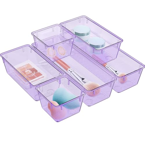 WOWBOX 6 Pack Clear Drawer Organizer Set Acrylic Drawer Storage Trays Storage Bins for Makeup Cosmetics Jewelries Utensils Gadgets Office Purple - Image 1