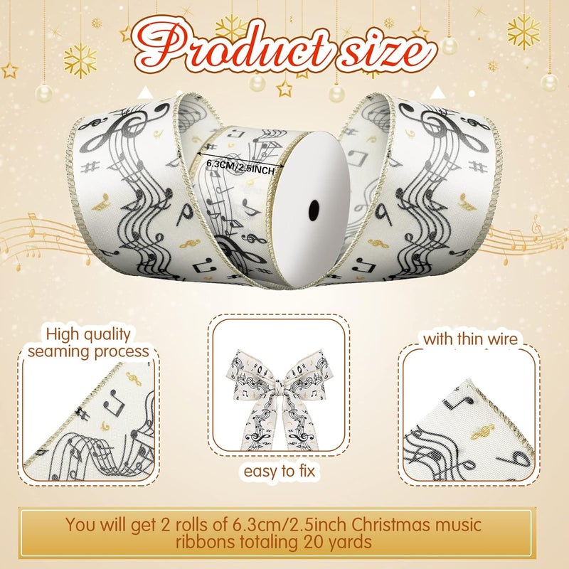 eBoot شريطان 20 ياردة من شريط عيد الميلاد السلكي بعرض نوتات موسيقية مزينة لموضوع عيد الميلاد شريط بوليستر موسيقي لتزيين شجرة العطلات والحرف وزينة الزفاف 25 بوصة × 10 ياردة - Image 2