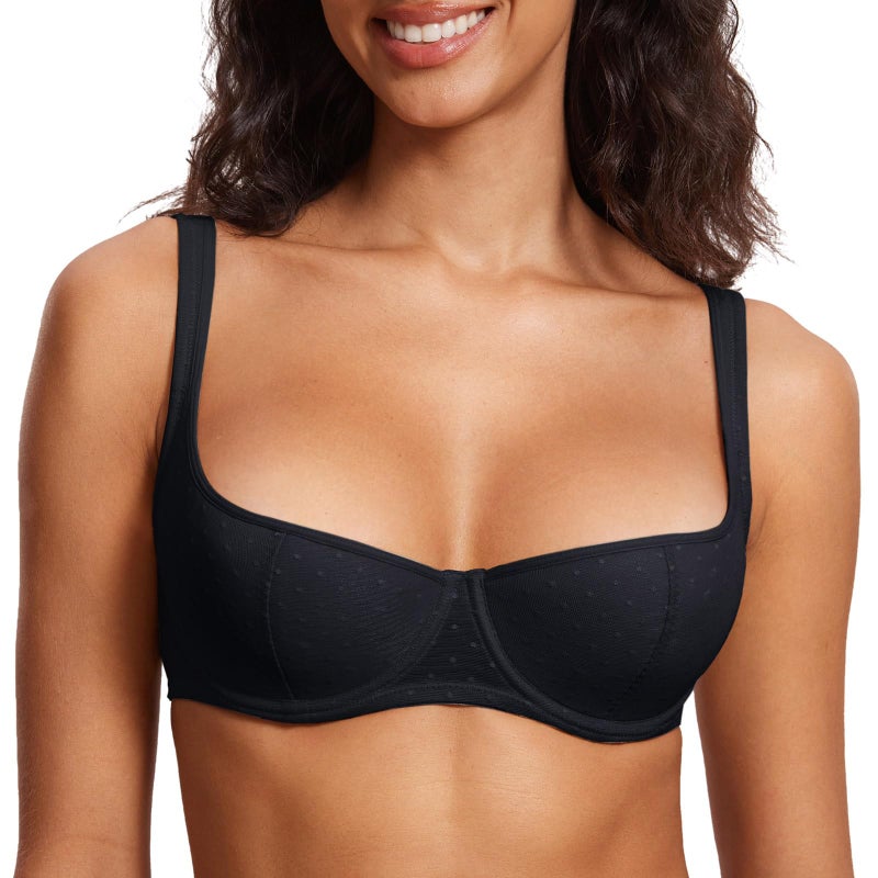 DOBREVA Women's Balconette Bra Lightly Padded Plus Size Sexy Mesh Demi Underwire Bras Wide Cushioned Straps Black 36DD - Image 1