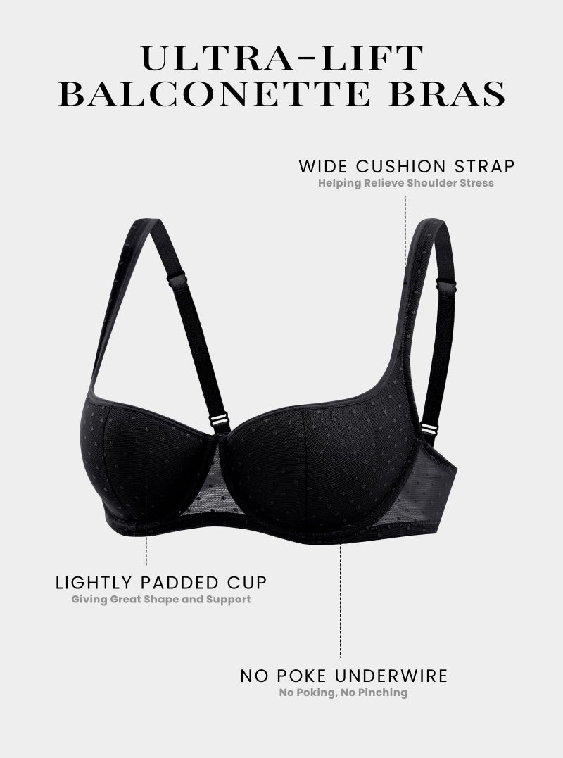 DOBREVA Women's Balconette Bra Lightly Padded Plus Size Sexy Mesh Demi Underwire Bras Wide Cushioned Straps Black 36DD - Image 4