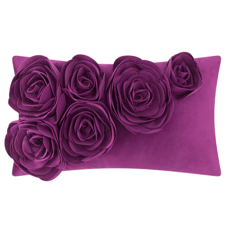 JWH 3D Flower Throw Pillow Cover Decorative Handmade Floral Pillow Case Soft Velvet Pillowcase Lumbar Cushion for Bed Living Room Chair Couch Decor Shams 12x20 Inch Purple Red - Image 1