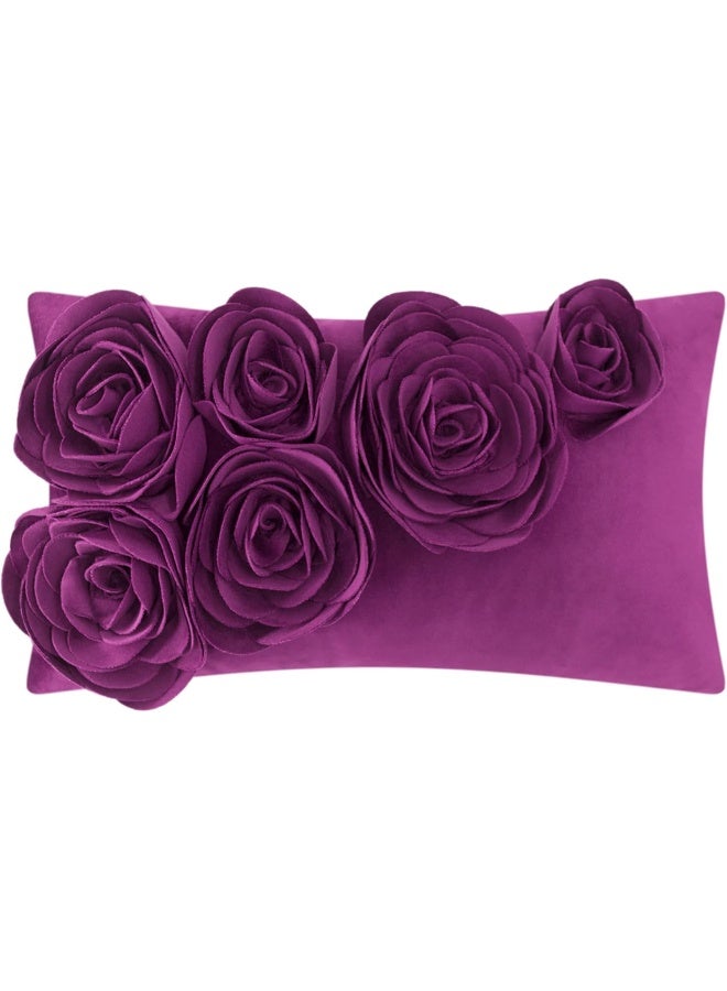 JWH 3D Flower Throw Pillow Cover Decorative Handmade Floral Pillow Case Soft Velvet Pillowcase Lumbar Cushion for Bed Living Room Chair Couch Decor Shams 12x20 Inch Purple Red - Image 4
