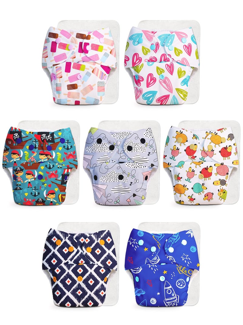 Superbottoms Basic Leakage-proof advanced cloth diapers for babies, High Absorbent 100% cotton 7 reusable diaper and 7 insert pad Combo Pack washable cloth diaper 3M -3Years Adjustable, Reduces Rash - Image 1