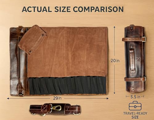 RUSTIC TOWN Leather Knife Roll Storage Bag | Elastic and Expandable 11 Pockets with Tool Pouch | Adjustable/Detachable Shoulder Strap | Travel-Friendly Chef Knife Case Roll (Walnut Brown) - Image 2