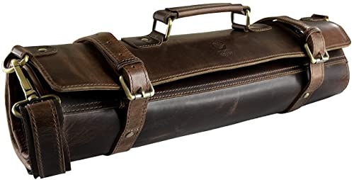 RUSTIC TOWN Leather Knife Roll Storage Bag | Elastic and Expandable 11 Pockets with Tool Pouch | Adjustable/Detachable Shoulder Strap | Travel-Friendly Chef Knife Case Roll (Walnut Brown) - Image 1