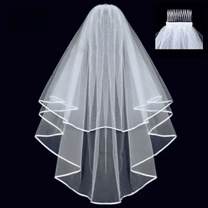 Bridal Double-Layer Satin Ribbon Veil with Hair Comb Beige White  - Image 1