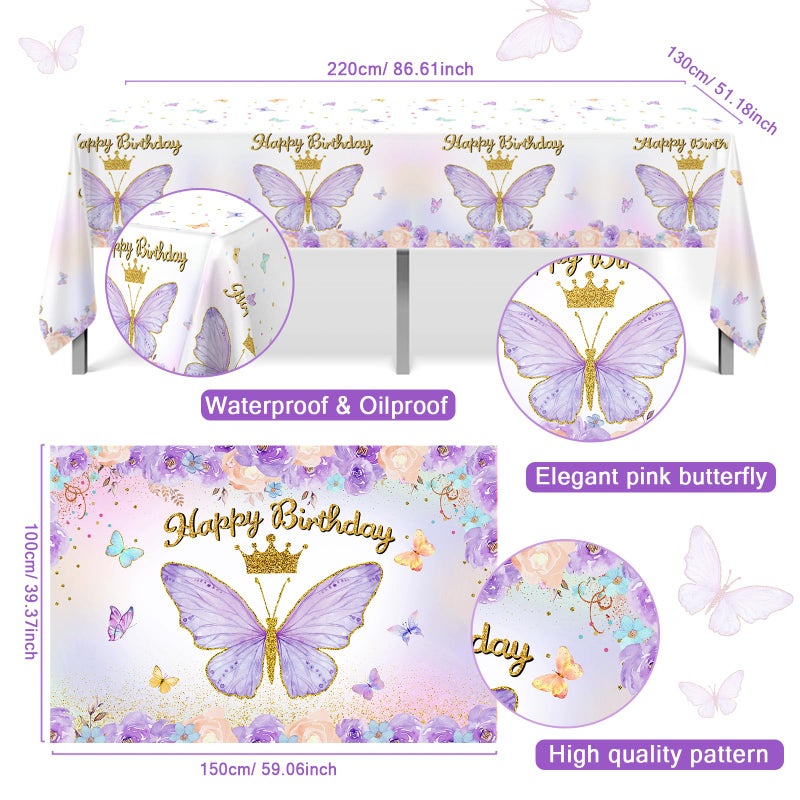 FengRise Purple Balloon Arch Kit with Foil Butterfly Balloons, Happy Birthday Backdrop & Tablecloth Decorations for Girl's Party - Image 3