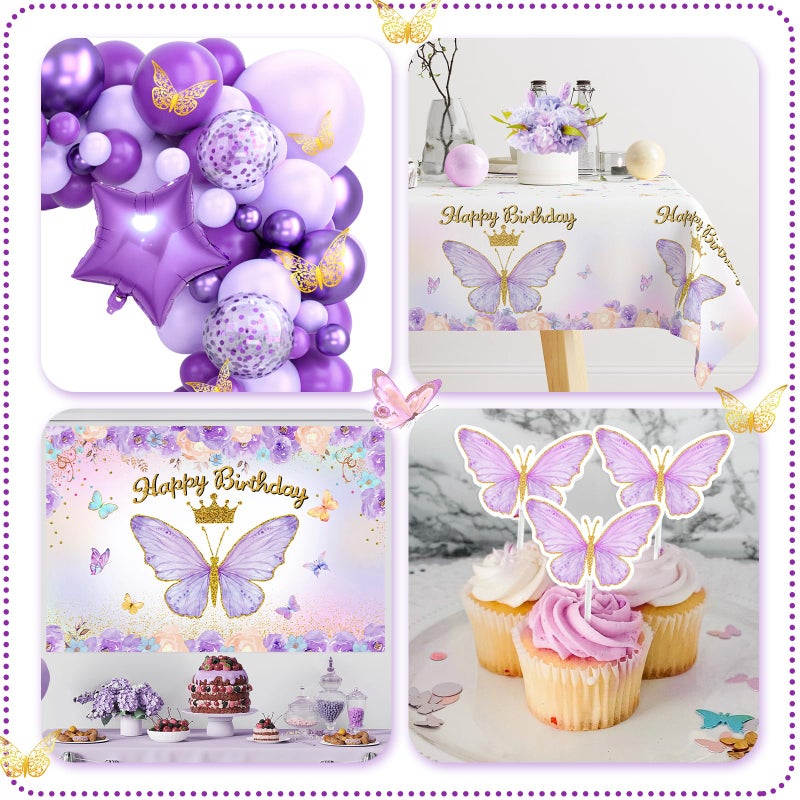 FengRise Purple Balloon Arch Kit with Foil Butterfly Balloons, Happy Birthday Backdrop & Tablecloth Decorations for Girl's Party - Image 5