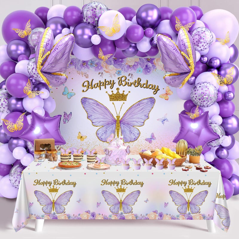 FengRise Purple Balloon Arch Kit with Foil Butterfly Balloons, Happy Birthday Backdrop & Tablecloth Decorations for Girl's Party - Image 1