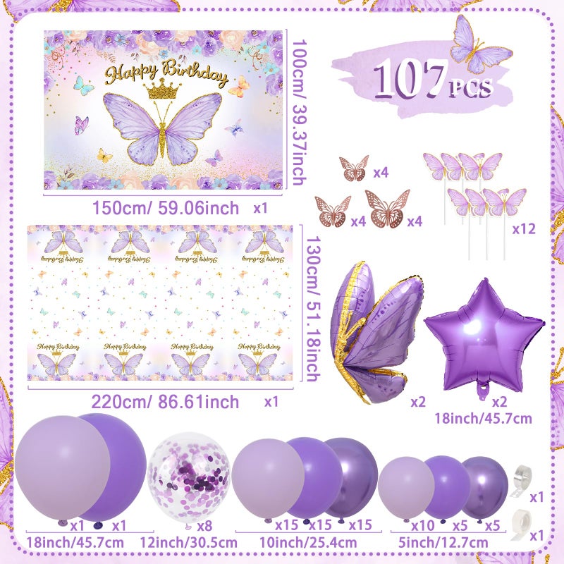FengRise Purple Balloon Arch Kit with Foil Butterfly Balloons, Happy Birthday Backdrop & Tablecloth Decorations for Girl's Party - Image 2
