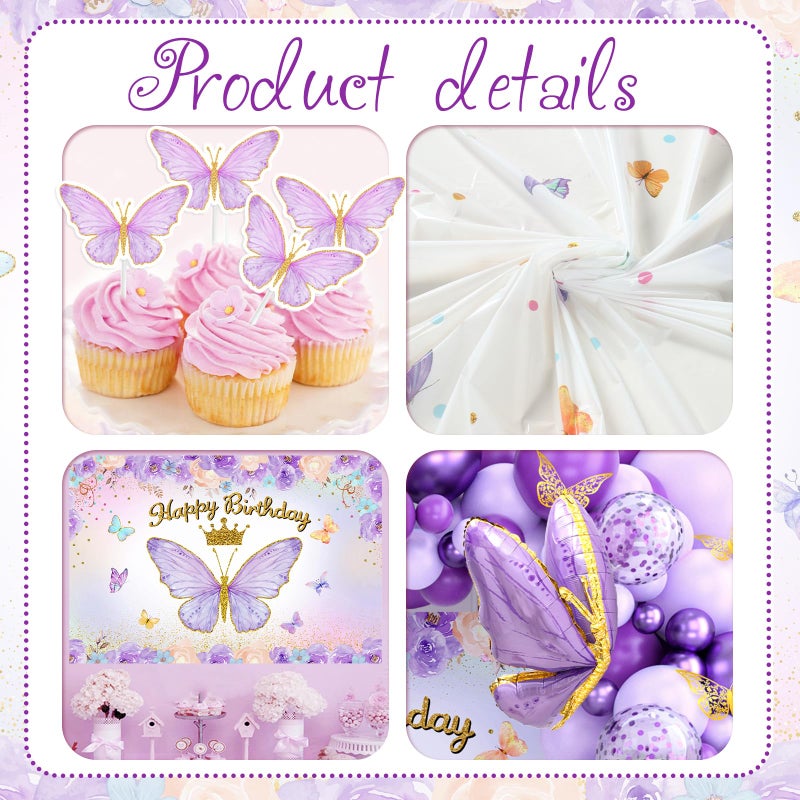 FengRise Purple Balloon Arch Kit with Foil Butterfly Balloons, Happy Birthday Backdrop & Tablecloth Decorations for Girl's Party - Image 4