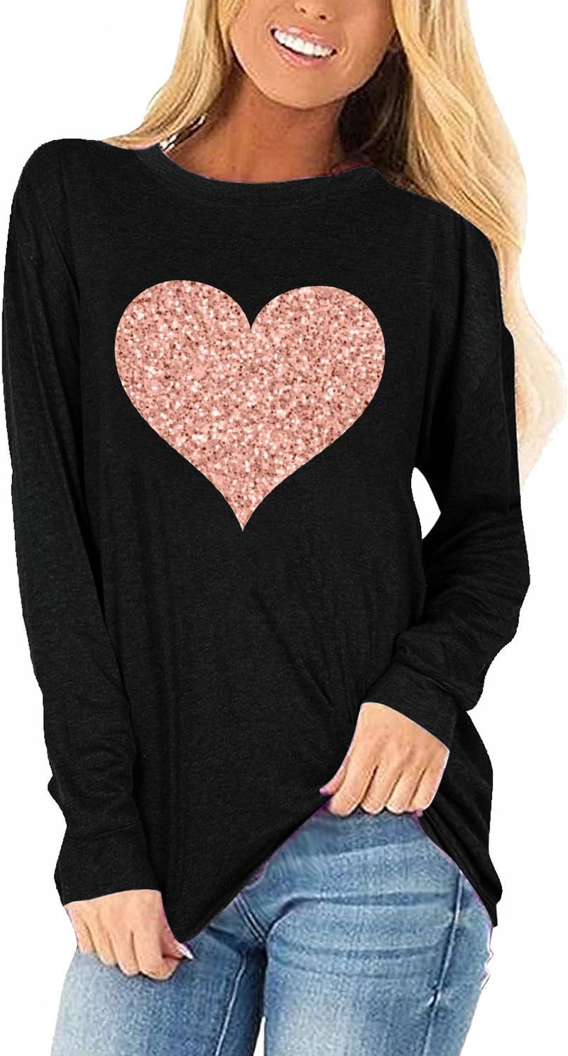 Long Sleeve Glitter Heart Shirt for Women Casual Valentine's Day Raglan Graphic Tees Baseball Tops(2024-HS-B,XL)