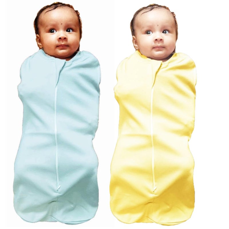MammaChamp Zipper Swaddle POD Sleeping Bag Blankets Wrap Sack for Newborn Infant Baby 03 Months Packof 2 Yellow Light Blue - Image 1