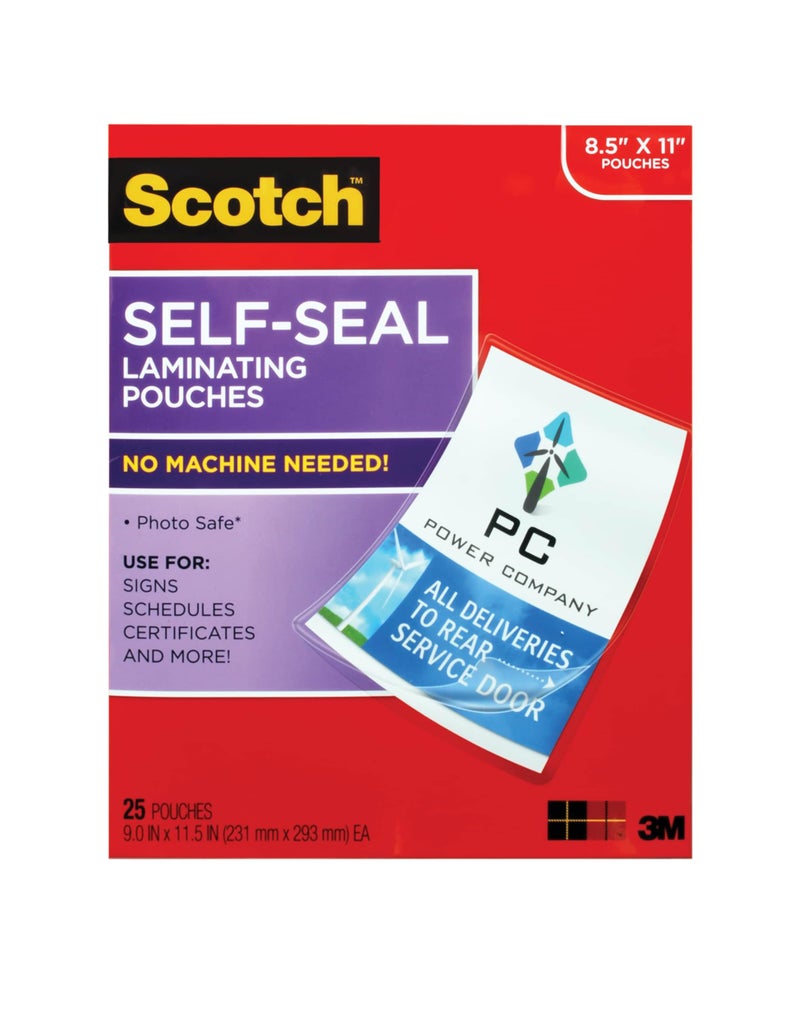 Scotch Self-Seal Laminating Pouches, No Laminator Needed, Letter Size 9.0 in x 11.5 in, 25-Pack - Image 1