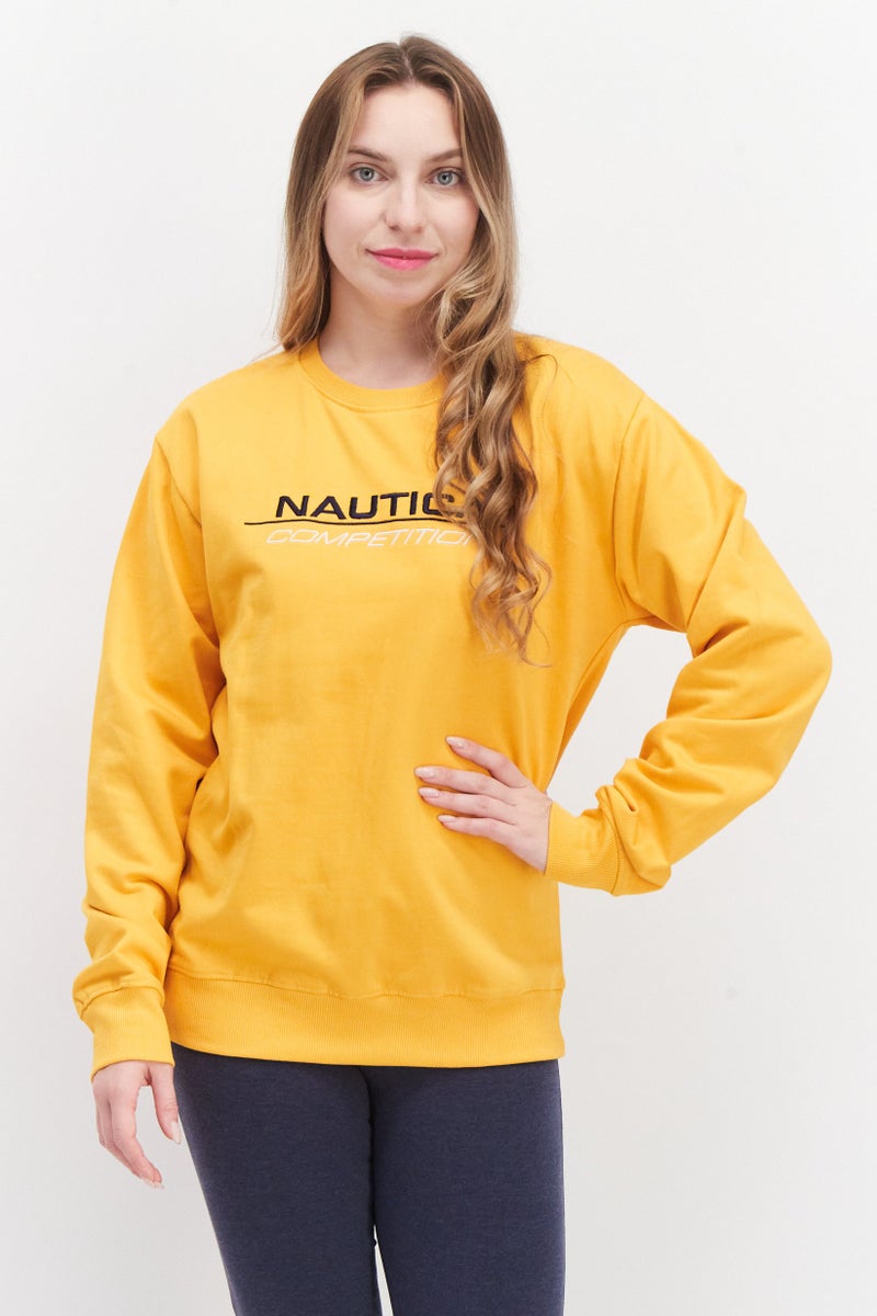 NAUTICA Women Crew Neck Long Sleeve Printed Sweatshirt, Yellow - Image 1