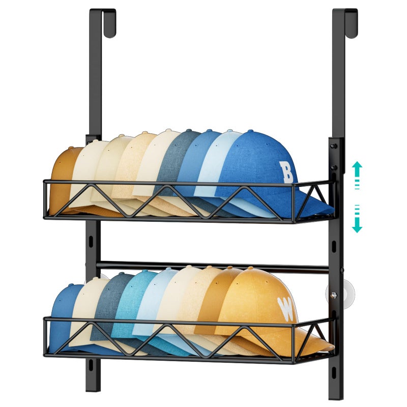 HapiRm Hat Organizer for Baseball Caps 2 Tier Over the Door Wall Mounted Hat Rack with 2 Adjustable Metal Basket Storage Holds up to 20 Caps for Door Bedroom Closet Black - Image 2
