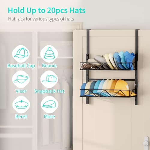 HapiRm Hat Organizer for Baseball Caps 2 Tier Over the Door Wall Mounted Hat Rack with 2 Adjustable Metal Basket Storage Holds up to 20 Caps for Door Bedroom Closet Black - Image 3