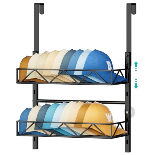 HapiRm Hat Organizer for Baseball Caps 2 Tier Over the Door Wall Mounted Hat Rack with 2 Adjustable Metal Basket Storage Holds up to 20 Caps for Door Bedroom Closet Black - Image 1