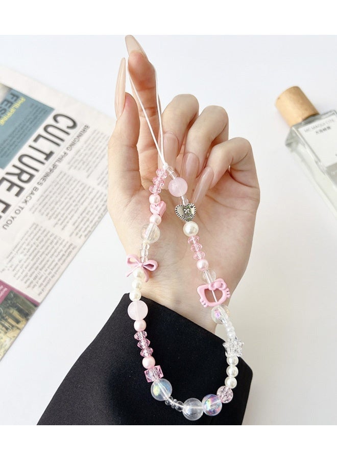 Kawaii Hello Kitty Beaded Pearl Phone Charm Strap Cute Bowknot Cell Phone Lanyard Wrist Strap Y2K Aesthetic Beads with Heart Bow Details Trendy Decor for Girls Perfect Cute Accessory for Phone Bags - Image 2
