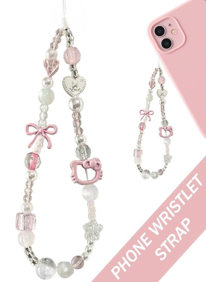 Kawaii Hello Kitty Beaded Pearl Phone Charm Strap Cute Bowknot Cell Phone Lanyard Wrist Strap Y2K Aesthetic Beads with Heart Bow Details Trendy Decor for Girls Perfect Cute Accessory for Phone Bags - Image 1