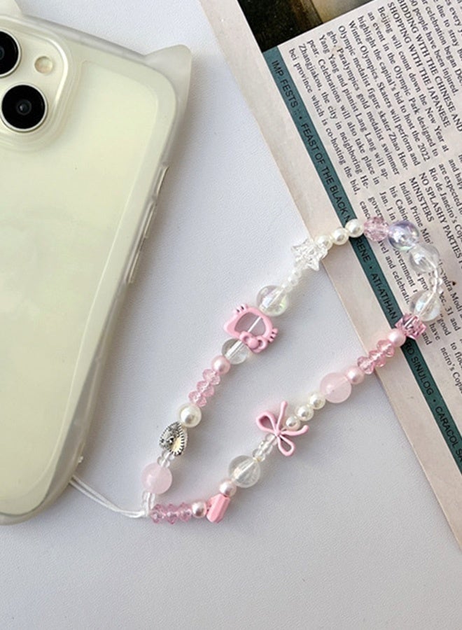 Kawaii Hello Kitty Beaded Pearl Phone Charm Strap Cute Bowknot Cell Phone Lanyard Wrist Strap Y2K Aesthetic Beads with Heart Bow Details Trendy Decor for Girls Perfect Cute Accessory for Phone Bags - Image 5