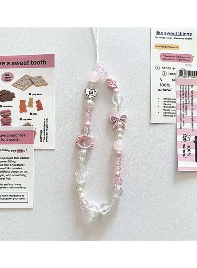 Kawaii Hello Kitty Beaded Pearl Phone Charm Strap Cute Bowknot Cell Phone Lanyard Wrist Strap Y2K Aesthetic Beads with Heart Bow Details Trendy Decor for Girls Perfect Cute Accessory for Phone Bags - Image 3