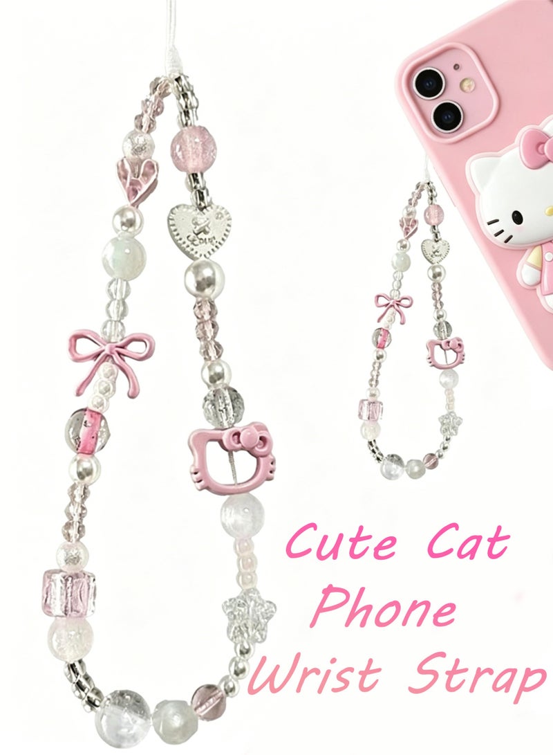 Kawaii Cute Cat Beaded Pearl Phone Charm Strap Cute Bowknot Cell Phone Lanyard Wrist Strap Y2K Aesthetic Beads with Heart Bow Details Trendy Decor for Girls Perfect Cute Accessory for Phone Bags - Image 1