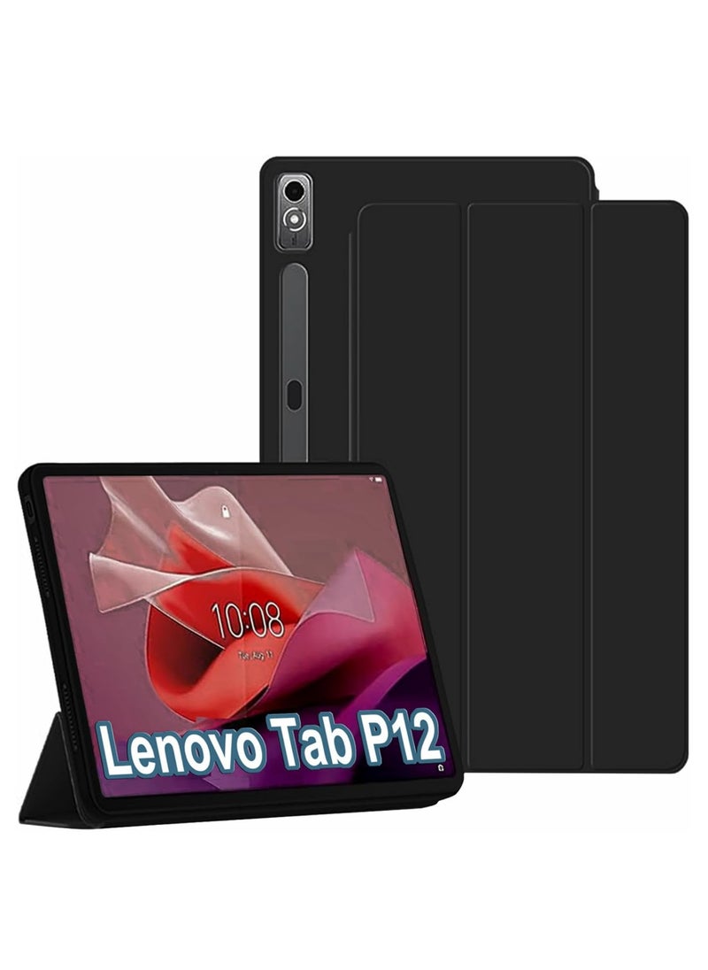 Rock Pow - Case Compatible with Lenovo Tab P12 (12.7 Inch) 2023 Tablet Slim Tri-fold Stand Soft TPU Back Shell Auto Wake/Sleep Anti-Drop Cover - Image 1