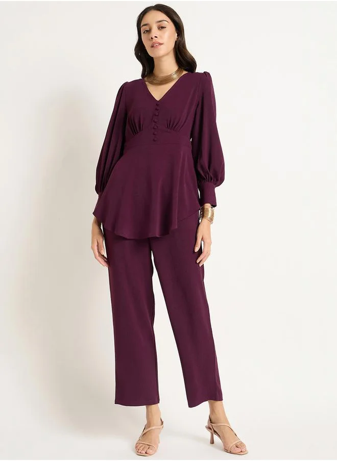 Femmella Bishop Sleeve V-Neck Top with Straight Pants Co-Ords