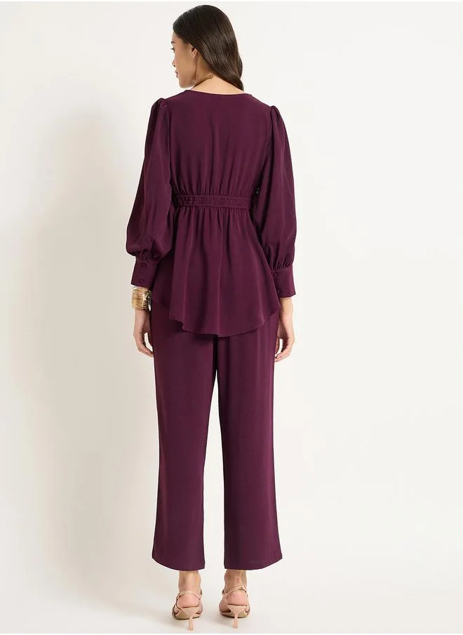 فيميلا Bishop Sleeve V-Neck Top with Straight Pants Co-Ords