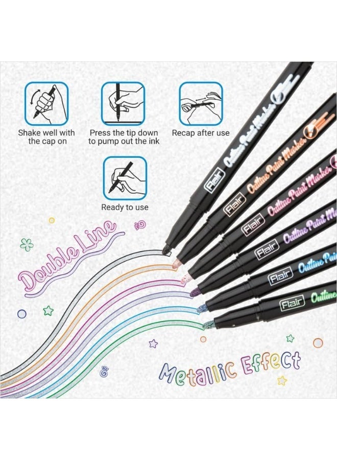 FLAIR Creative Series Outline Metallic Paint Marker Pens | Double Line Drawing Pens For Scrapbook, DIY Photo Album, Painting, Greeting Cards, Glitter Doodle, Rock & Glass Painting, Fabric | 6 Shades - Image 5