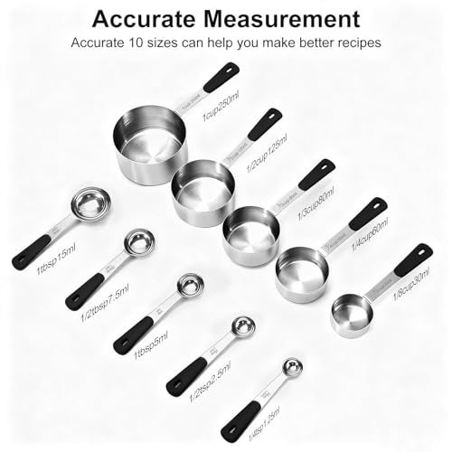 Bopei Measuring Cups and Spoons Set Stainless Steel 10 Piece for Cooking and Baking (5 Cups + 5 Spoons, Black Handle) - Image 2