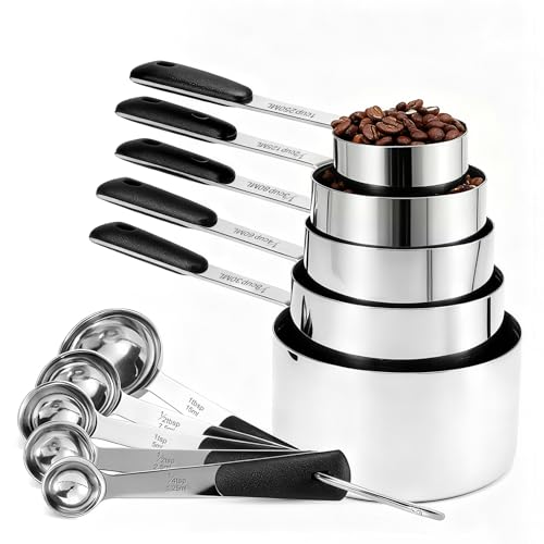 Bopei Measuring Cups and Spoons Set Stainless Steel 10 Piece for Cooking and Baking (5 Cups + 5 Spoons, Black Handle) - Image 1