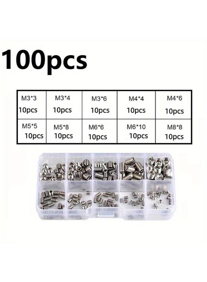 100Pcs M3 M4 M5 M6 M8 Hex Socket Grub Screw Assortment Kit 304 Stainless Steel - Image 1