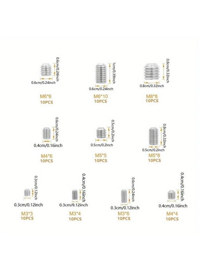 100Pcs M3 M4 M5 M6 M8 Hex Socket Grub Screw Assortment Kit 304 Stainless Steel - Image 3